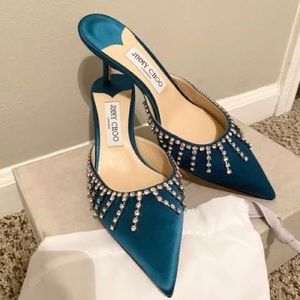 JIMMY CHOO Exclusive Tatie Crystal-embellished Satin Mules Blue/SZ 39 BRAND NEW